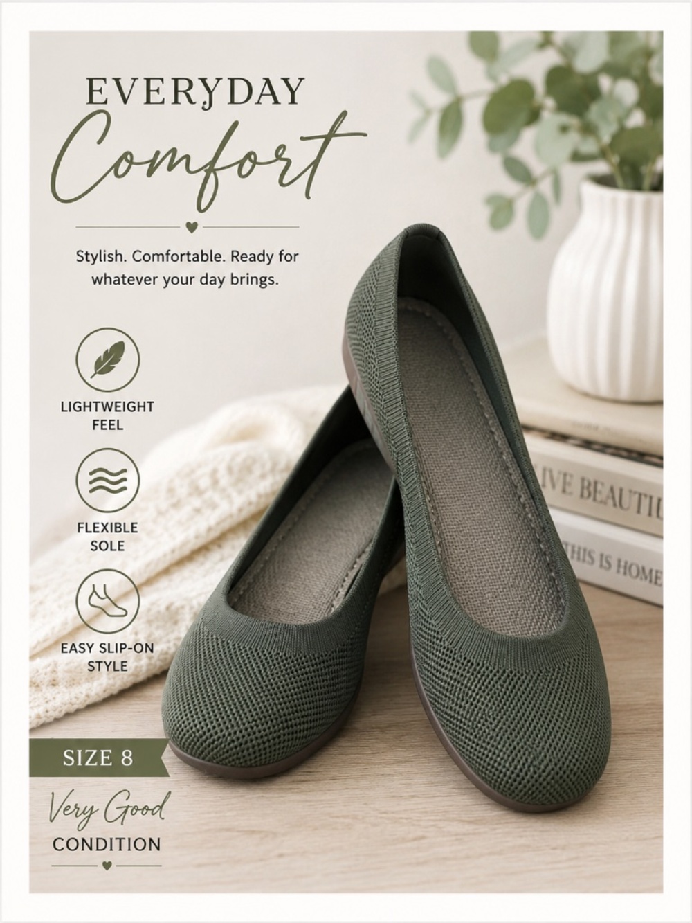 Olive Green Knit Ballet Flats Size 8 Brown Sole Slip On Shoes
